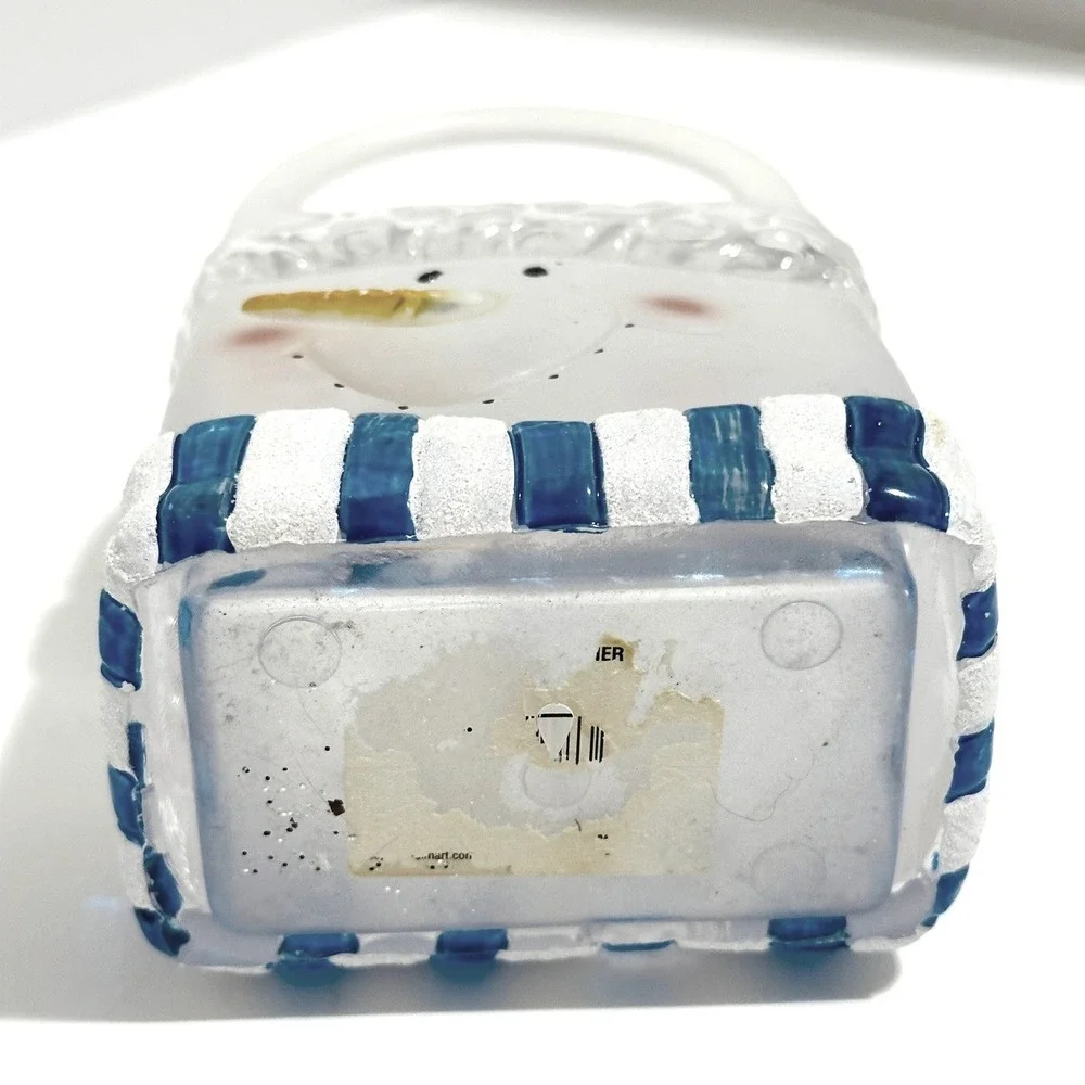 Hand Painted Snowman Glass Basket Decor Clear Blue Excellent Holiday Frosted